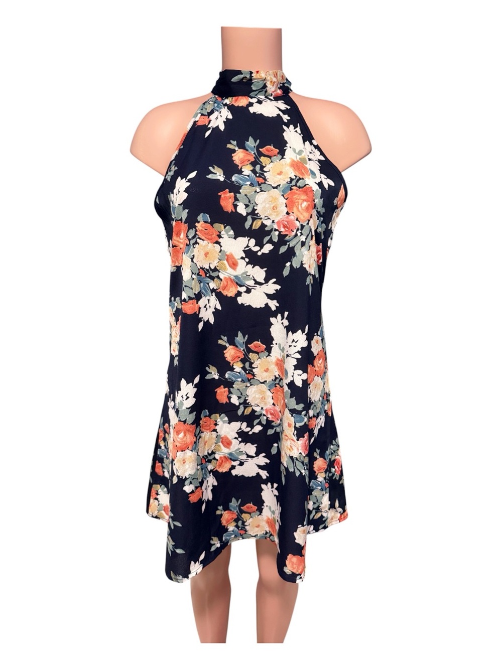 SHEIN Halter Floral Dress in Navy with Coral & Cream Blooms